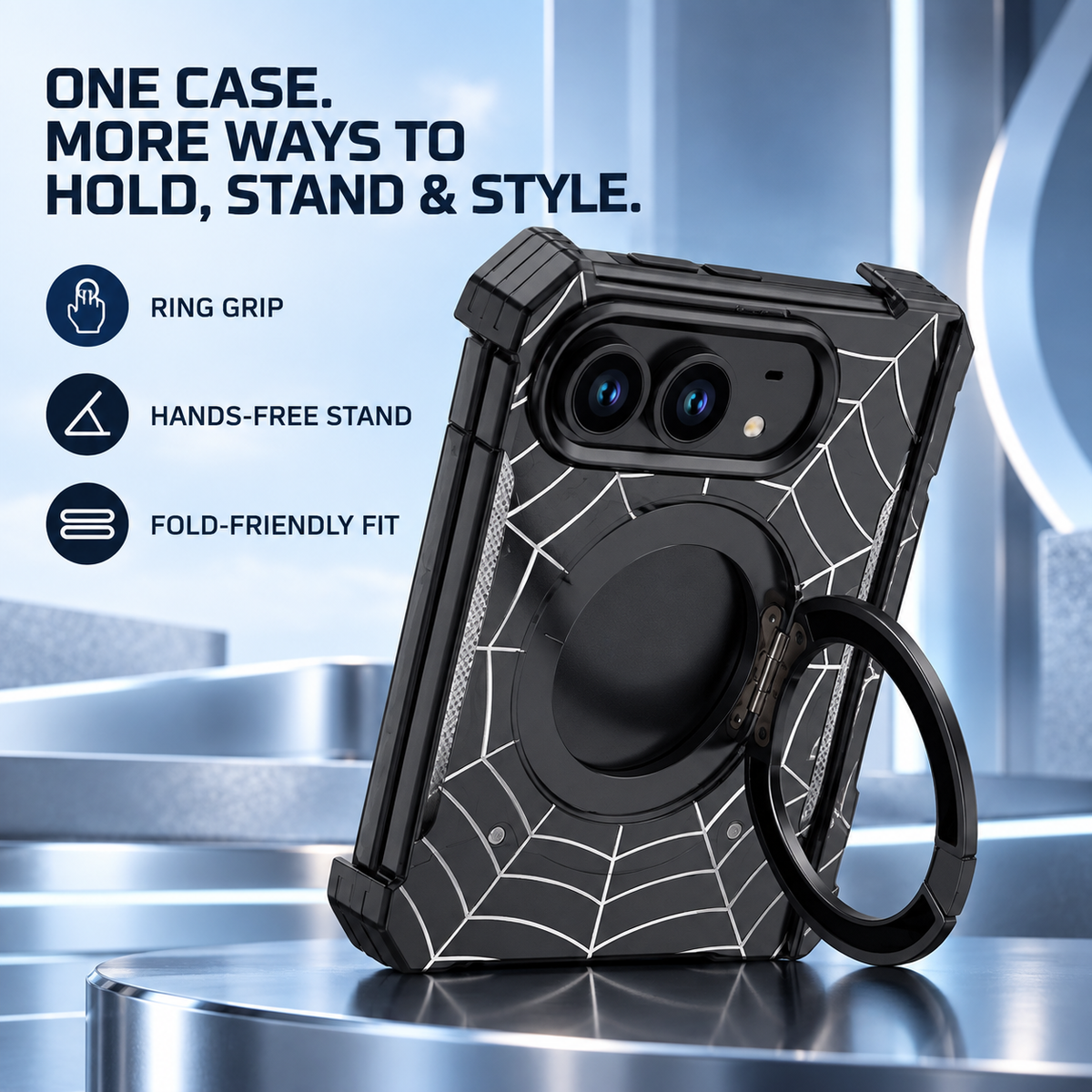 🕸️ Spiderweb Foldable Phone Case Compatible with iPhone Duo – Rotating Ring Grip & Hands-Free Stand 📱✨