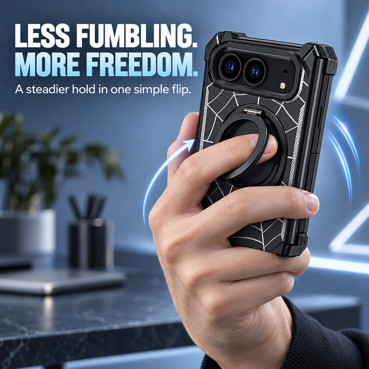 🕸️ Spiderweb Foldable Phone Case Compatible with iPhone Duo – Rotating Ring Grip & Hands-Free Stand 📱✨