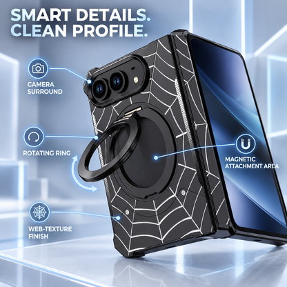 🕸️ Spiderweb Foldable Phone Case Compatible with iPhone Duo – Rotating Ring Grip & Hands-Free Stand 📱✨