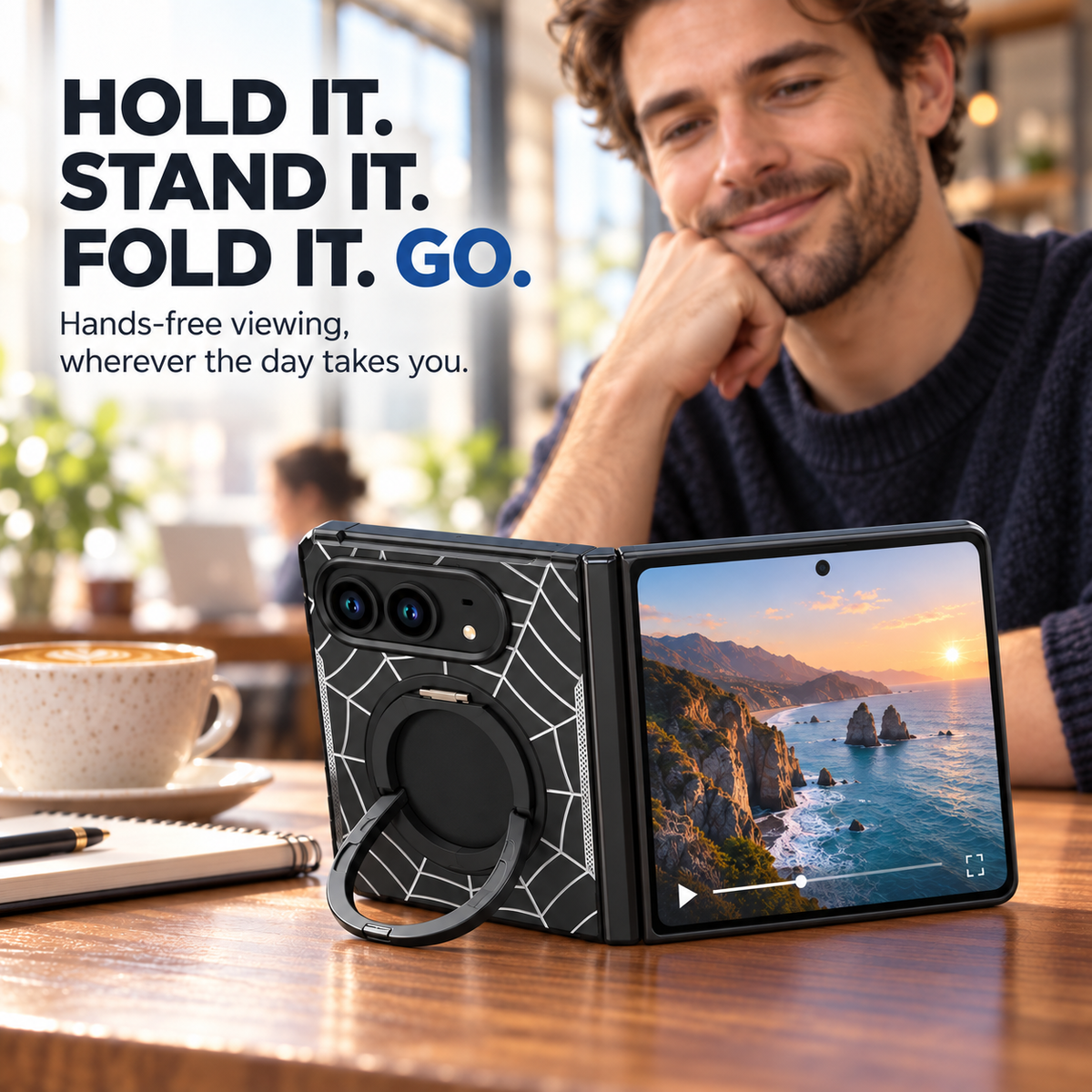 🕸️ Spiderweb Foldable Phone Case Compatible with iPhone Duo – Rotating Ring Grip & Hands-Free Stand 📱✨