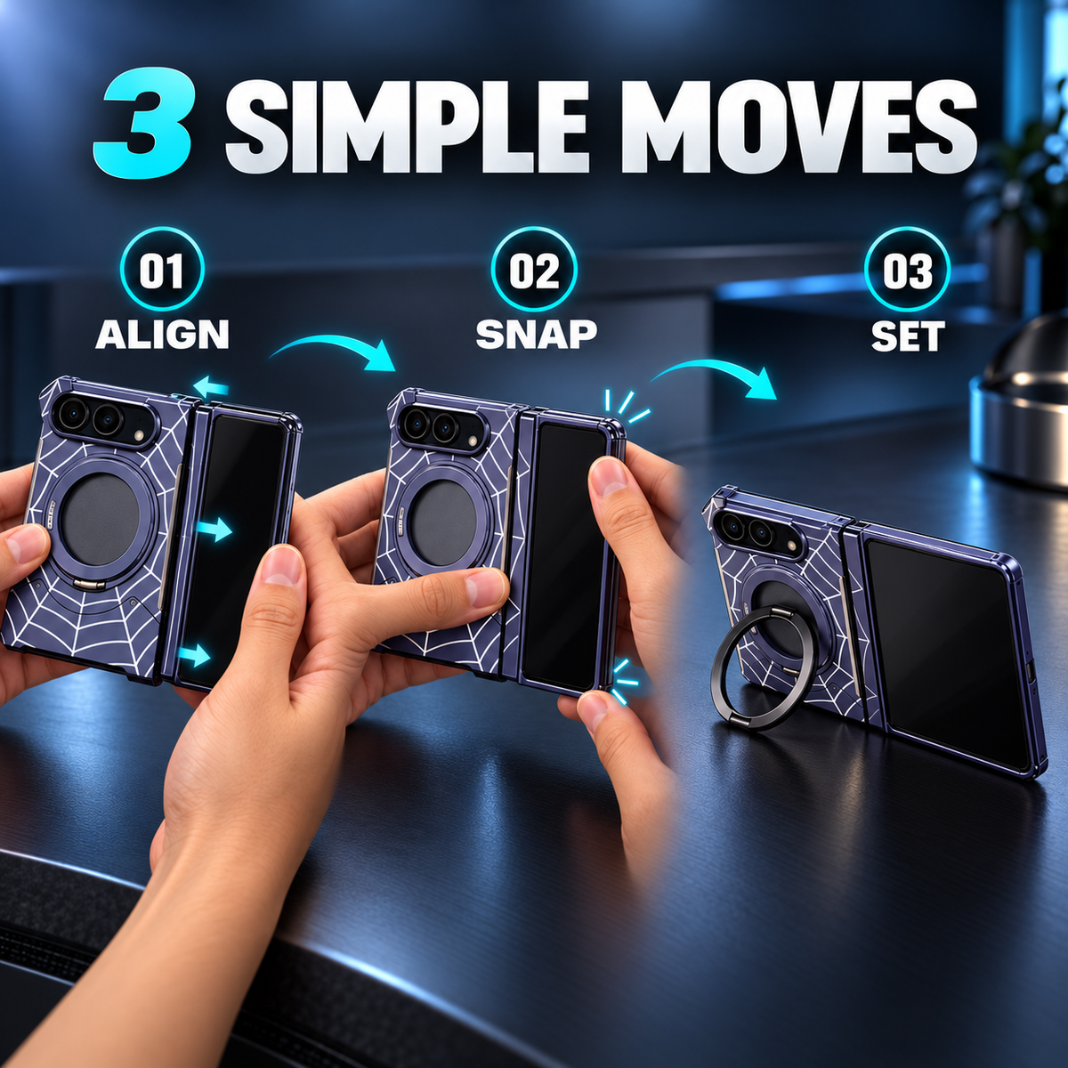 🕸️ Spiderweb Foldable Phone Case Compatible with iPhone Duo – Rotating Ring Grip & Hands-Free Stand 📱✨