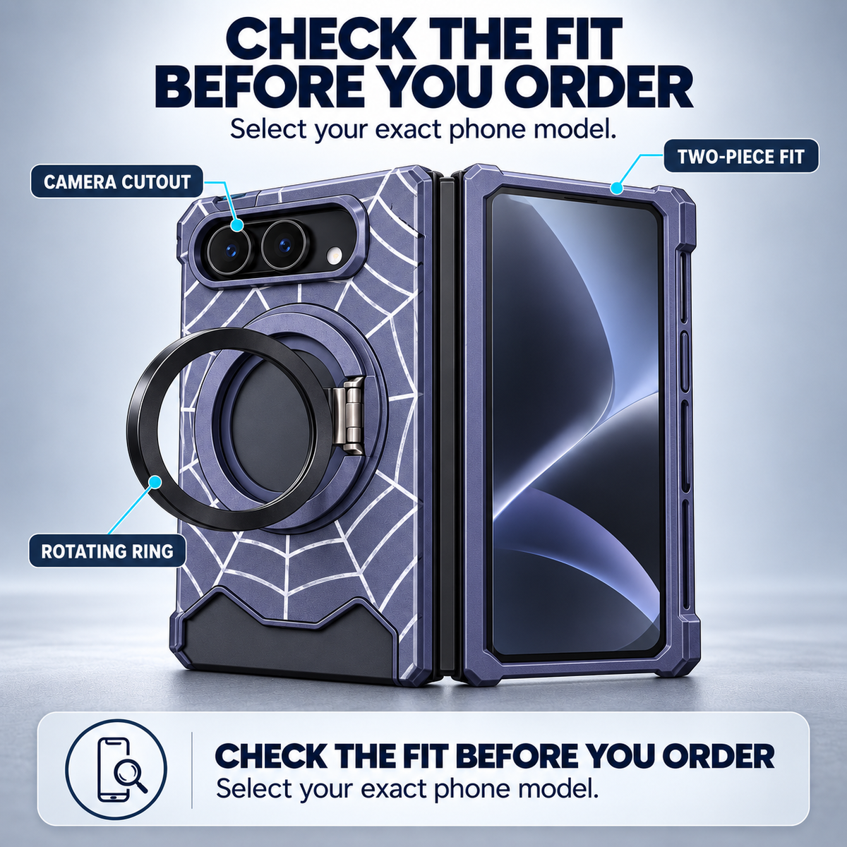 🕸️ Spiderweb Foldable Phone Case Compatible with iPhone Duo – Rotating Ring Grip & Hands-Free Stand 📱✨