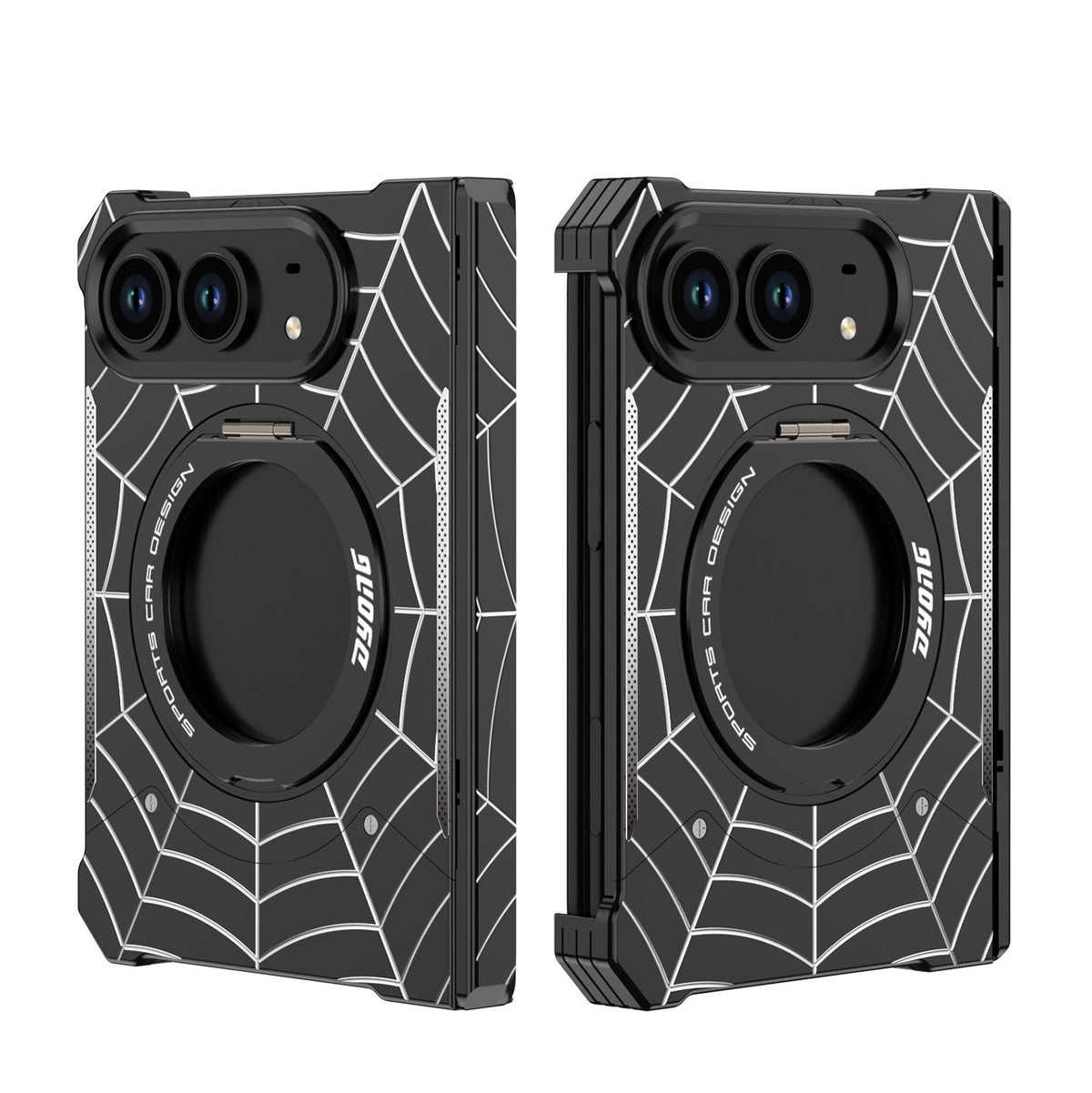 🕸️ Spiderweb Foldable Phone Case Compatible with iPhone Duo – Rotating Ring Grip & Hands-Free Stand 📱✨